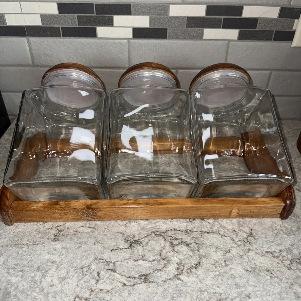 Vtg Glass 3 Canister Set Blue Heart Wood Top Counter Rack Farmhouse Kitchen